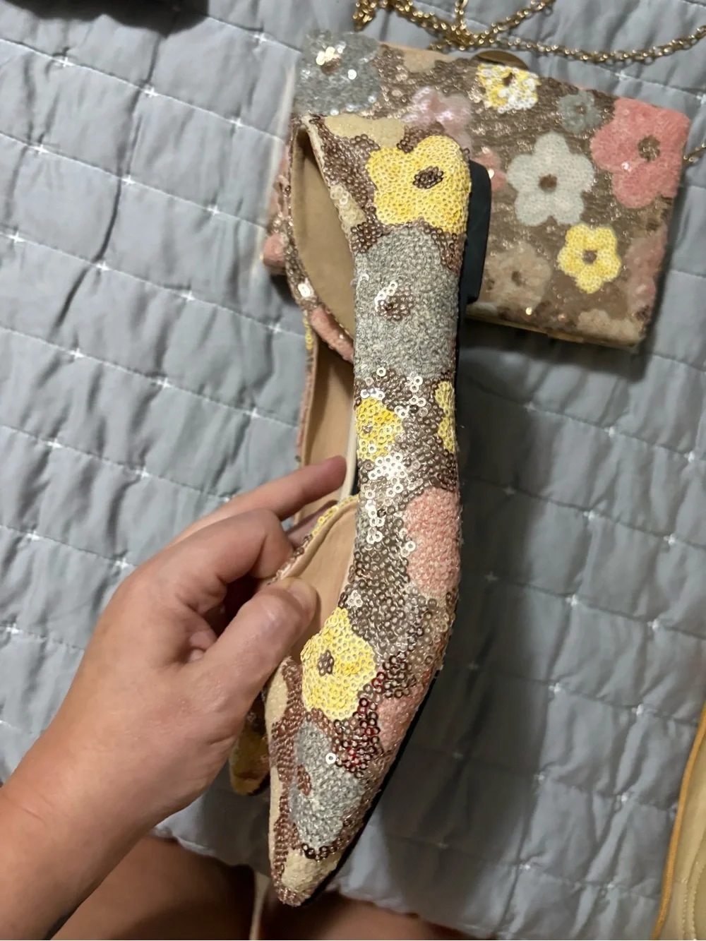 Matching Floral Sequin Pointed Toe Flats and Clutch Set - Pink Multi